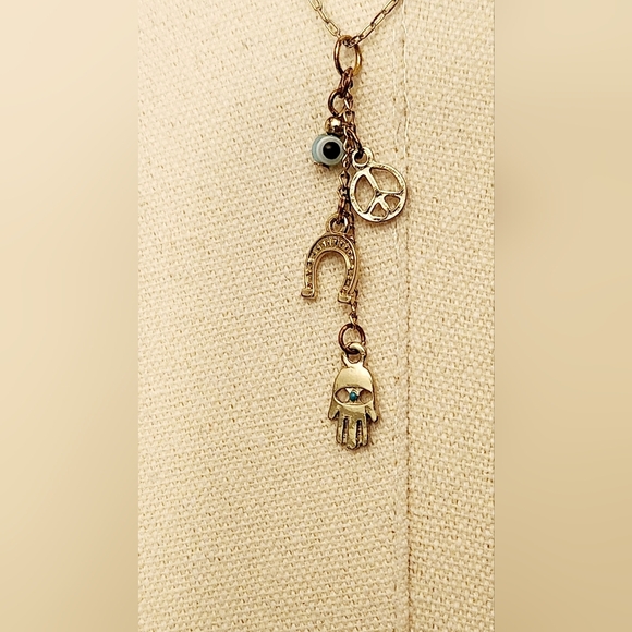 Hamsa Hand Evil Eye Horseshoe Peace Sign Necklace - Picture 11 of 14